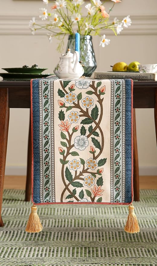 ISAENNE Designer Vintage Elegant Linen Extra Long Table Runner 118 Inches,Colorful Flower Pattern Soft Table Runners for Dining Tables,Thanksgiving,Kitchen Tables,Christmas,12"*118"-Naples C