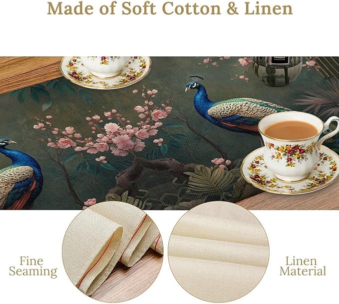 Peacock Table Runner,Vintage Aesthetic Peacock Birds Table Runner for Home Kitchen Dining Party Indoor Outdoor Decoration 13x120 Inch