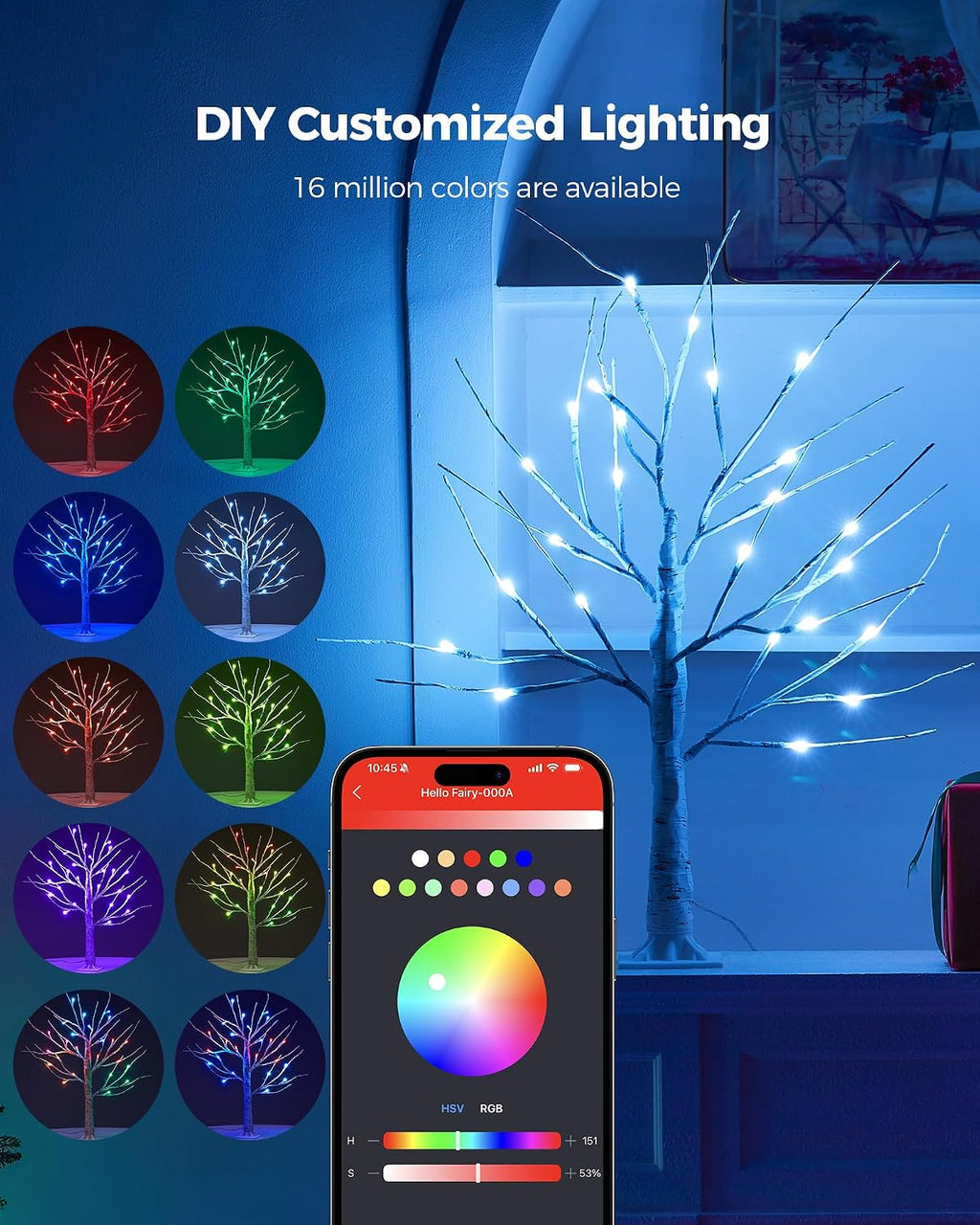 ariceleo 2ft lighted birch tree with rgb led, close-up detail
