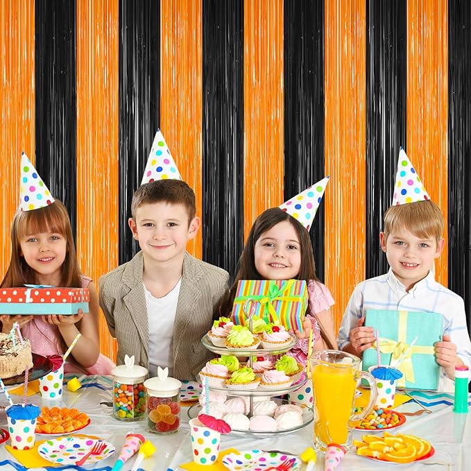 Halloween Photo Backdrop, 2 Pack Orange and Black Party Streamer, Metallic Foil Fringe Curtains Tinsel Backdrop, Halloween Birthday Party Decorations Hanging Decor Indoor, Photo Booth Props Streamers