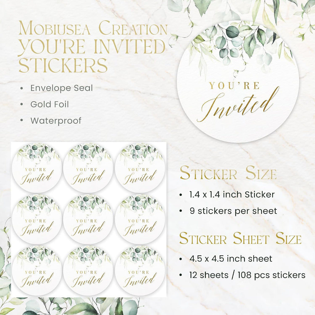 Mobiusea Creation Greenery Wedding Invitation Stickers | 1.4 inch | Gold Foil | 108pcs Waterproof Envelope Stickers for Bridal Shower, Birthday, Baby Shower and Party