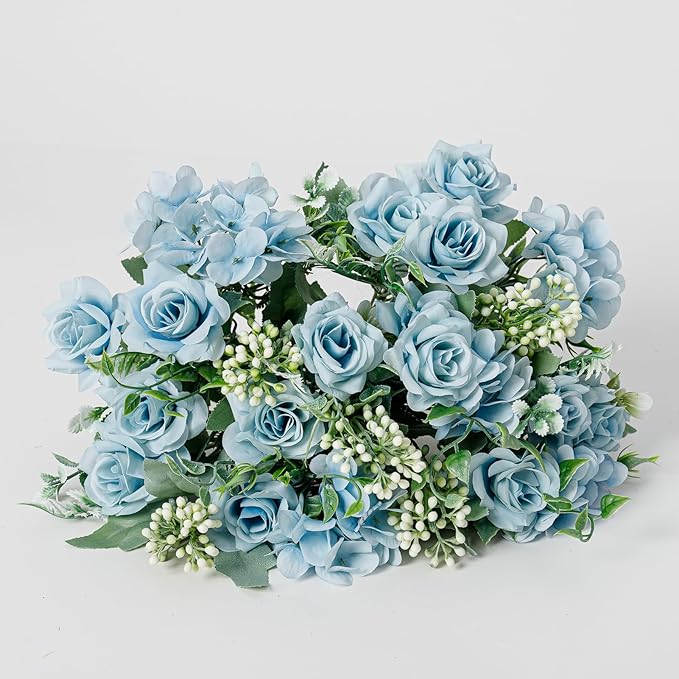 Artificial Flower 5 Branches Artificial Silk Fake Flowers Bouquet Small Roses for Wedding Home Office Tables Decor 2 Packs(Light Blue)