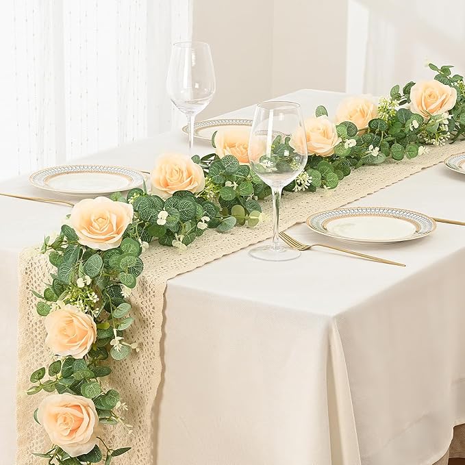Dolicer 4Pcs 26Ft Artificial Eucalyptus Garlands with Flowers - 8 Roses, Faux Floral Greenery Garlands Fake Flowers Vines for Wedding Table Centerpieces Arch Party Ceremony Backdrop Decor (Champagne)