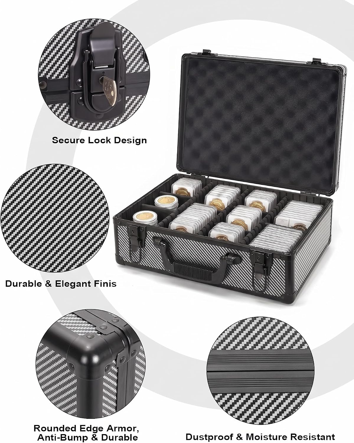 LOCKCURX Carbon Fiber Coin Collection Case, 120 Slab & 1400 Capsule