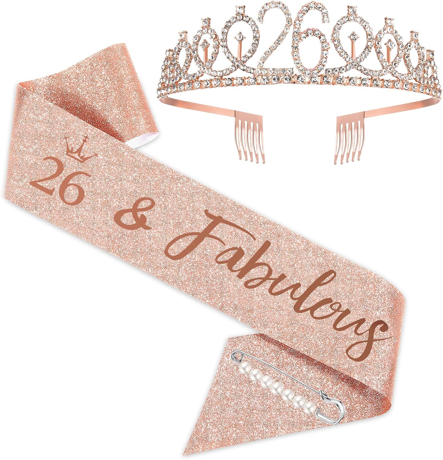 Rose Gold Birthday Tiara and Sash for Woman, Fabulous 26th Birthday Party Favor
