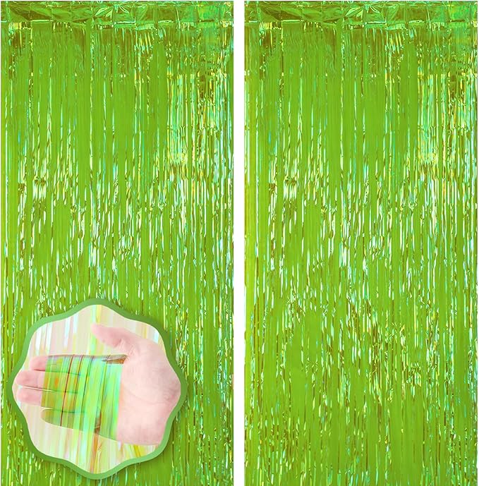 2 Pack 3.3x8.2 Feet Neon Green Foil Fringe Backdrop Curtains, Tinsel Streamers Birthday Party Decorations, Fringe Backdrop for Graduation, Baby Shower, Gender Reveal, Disco Party