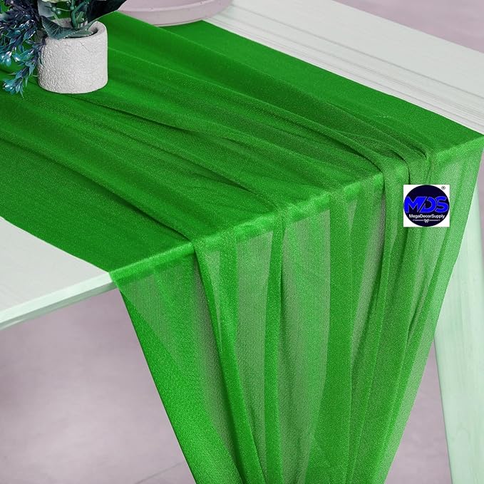 MDS 25 Pack 10ft Chiffon Table Runner 29 x 120 Inches Sheer Wedding Runner Romantic Rustic Table Runner for Wedding Decorations, Birthday Parties, Bridal Shower Party Arch Decor - Green
