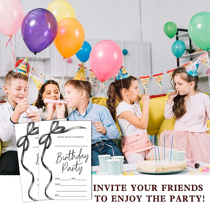 SIXEIGHT Black Bow Birthday Invitations, Black Ribbon Bow Birthday Party Invitations, 20 Party Invitations with Envelopes for Girls Boys, Birthday Party Favor & Decoration (4"x6")-A03