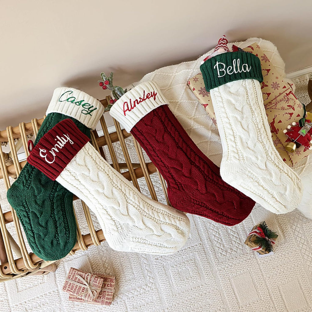 ELEGANTPARK Personalized Christmas Stockings 1 Pack Knit Christmas Stockings with Embroidered Names Red Green White Xmas Decoration for Fireplace Hanging Holiday Decoration for Family Kids 18 Inch