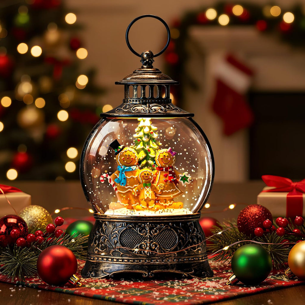 Christmas Snow Globe Water Lantern with Gingerbread Scene Battery Operated or USB Powered Musical Lighted Holiday Decoration for Tabletop Display for Family and Friends