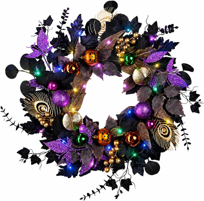 22-Inch Black and Purple Halloween Wreath for Front Door with Light String