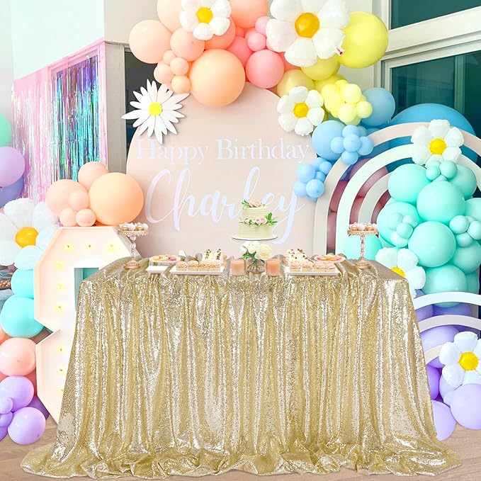 QueenDream Light Gold Party Decorations Sequin Tablecloth: Glitter Overlay 90x90 Inch Table Drapes for Banquet Wedding Theme Party Planners