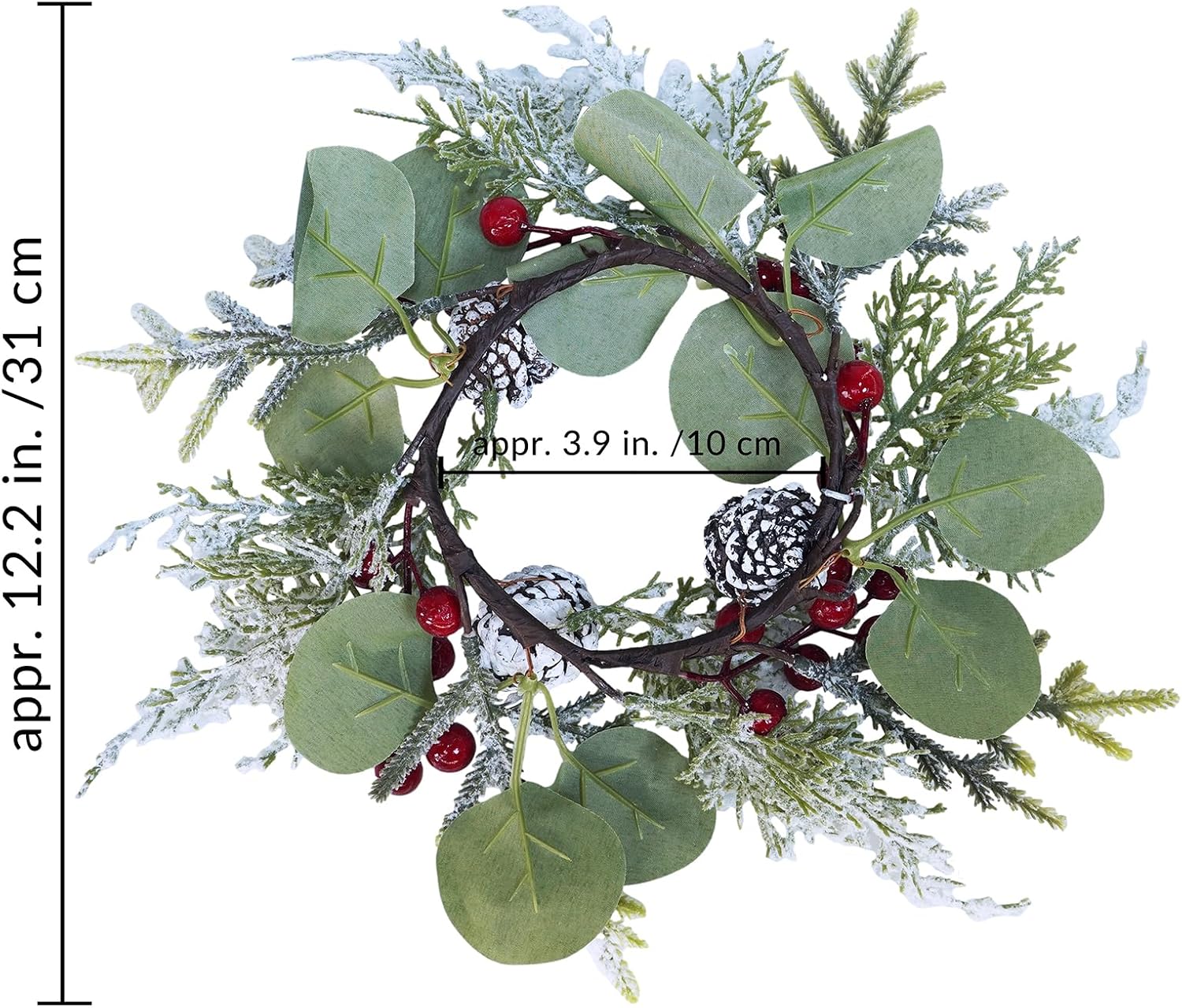 Winlyn 4 Pcs Artificial Eucalyptus and Snowy Cedar Candle Rings Christmas Candle Holder Rings Mini Window Wreaths 12.2" Wide with Red Berries Pine Cones for Holiday Winter Wedding Seasonal Decoration