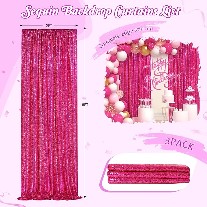 Hot Pink Sequin Backdrop Curtain for Party Fuchsia Background Drapes Panels 6FT x 8FT Glitter Fabric (3 Pieces 2FT x 8FT)