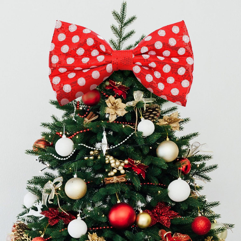 Suncalla Red and White Christmas Tree Topper Bow Tree Topper 14x8'' Large Red and White Polka-dot Sequin Bow for Indoor Outdoor Christmas Decoration Xmas Party Favors Holiday Treetop Decoration