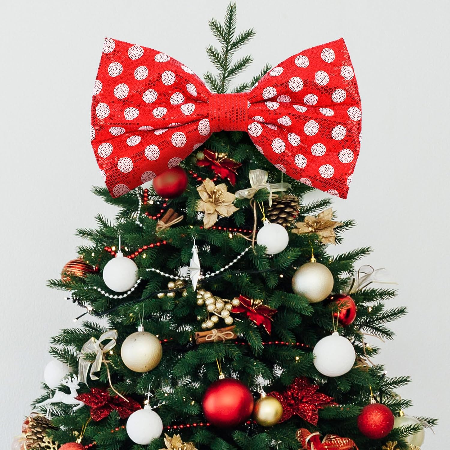 Suncalla Red and White Christmas Tree Topper Bow Tree Topper 14x8'' Large Red and White Polka-dot Sequin Bow for Indoor Outdoor Christmas Decoration Xmas Party Favors Holiday Treetop Decoration