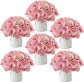 Flower Table Centerpieces - Set of 6 Floral Arrangement Artificial Wedding Hydrangeas Floral Arrangement with Rustic Metal Vase for Bridal Tea Party Event Decorations - Deep Pink