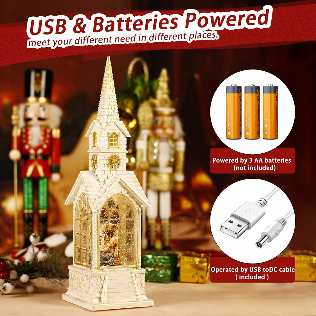 15.3IN Nativity Snow Globe Christmas Decorations,Musical Christmas Snow Globes Churches Lighted Glitter Globe Lantern 6H Timer, Christian Gifts for Christmas Decor