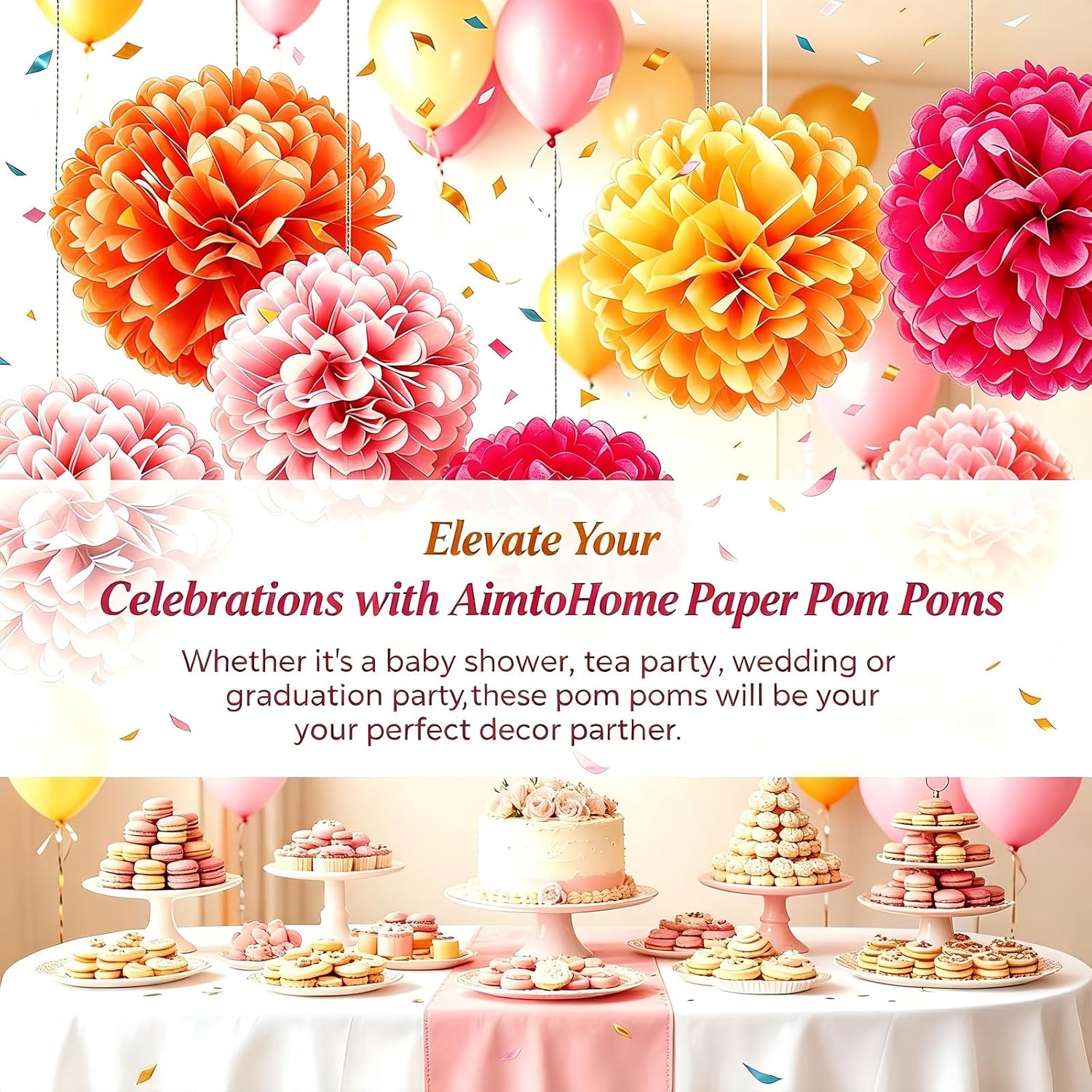 AimtoHome Pink Orange Tissue Paper Flower Pom Poms12pack Hanging Paper Pom Pom Decorations for Tea Party, Wedding, Bridal Shower, Birthday, Fiesta, Baby Shower, Nursery, Bachelorette, 10/8/6 inch
