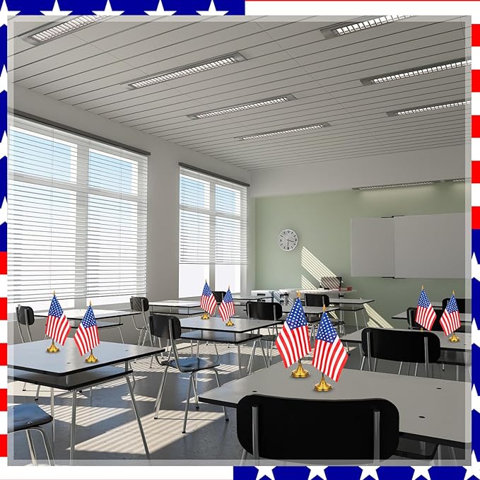 24 Pcs American Desk Flag Set Small USA Flags for Table with 13" Black Pole, Gold Base and Spear Top, American Flag for Home Office Party Festival Celebrations Decor