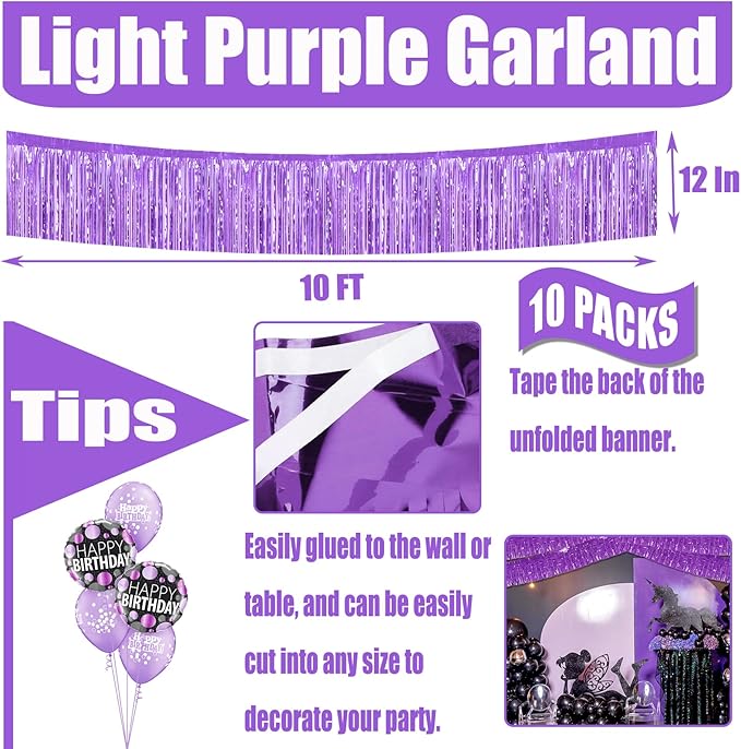 10 Pack 10 Feet Foil Fringe Garland Metallic Tinsel Streamers Banner Wall Hanging Curtain Backdrop for Parade Floats, Wedding, Disco, Birthday, Halloween, Christmas Party Decorations(Light Purple)