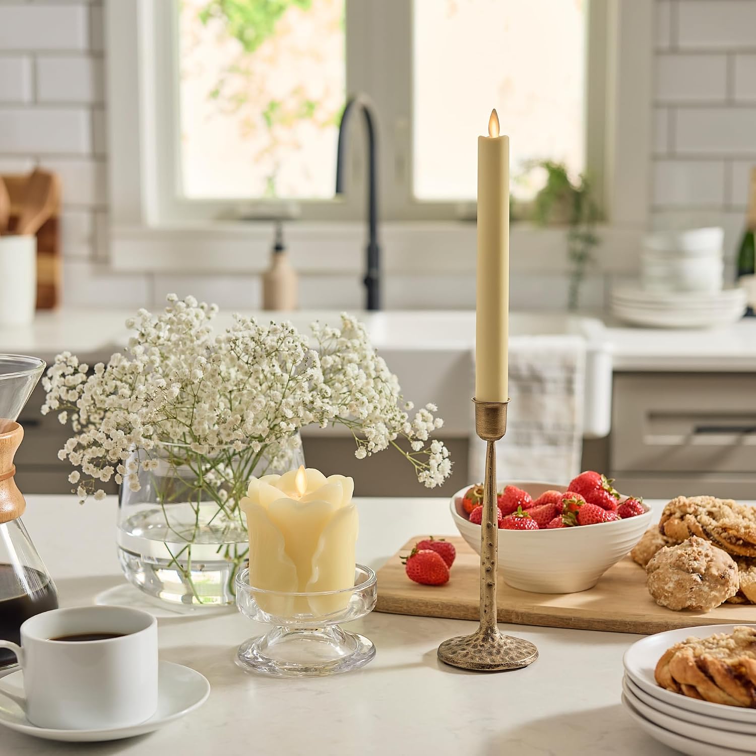 Luminara Lemon Chiffon Rose Flameless Candle - 3.6" x 4.3" Rosebud Pillar - Real Flame Technology w/Flickering LED Light - Perfect for Mother's Day