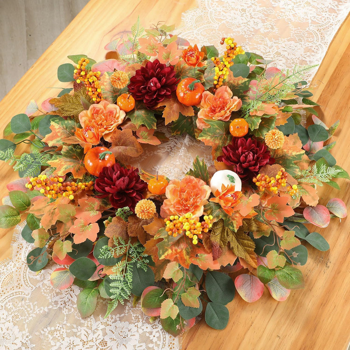 26 Inch Fall Wreaths for Front Door with Orange Camellia & Burgundy Dahlias