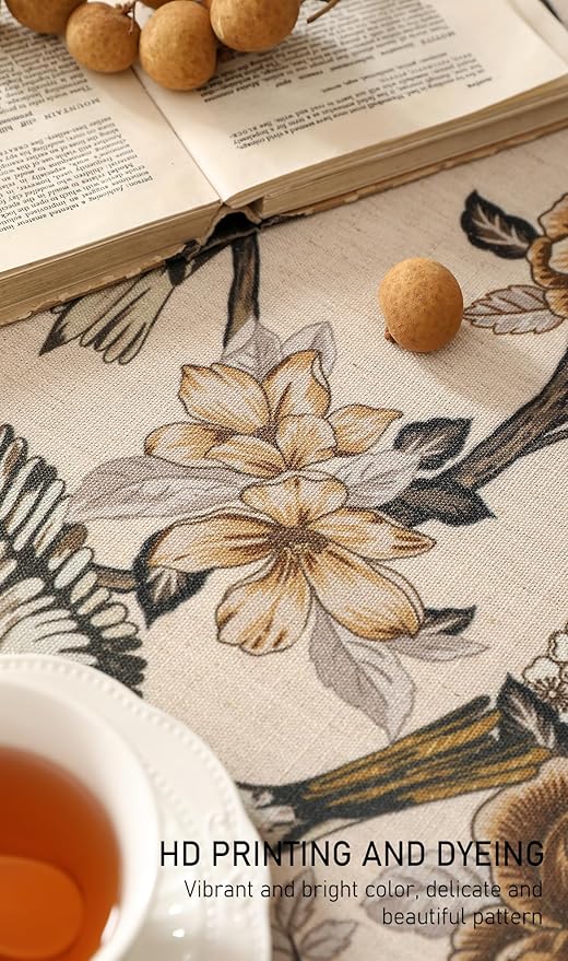 ISAENNE Designer Vintage Linen Small Round Table Cloth,Floral and Bird Pattern Elegant Tablecloth,Fall Wrinkle Resistant Home Decor Tablecloths for Dining Kitchen,Diameter 55"-Murad A