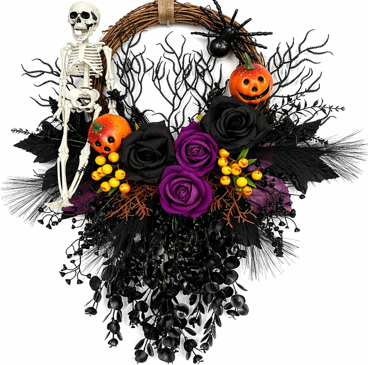 Halloween Wreath for Front Door 16" Dark Gothic Skull Spooky Decor