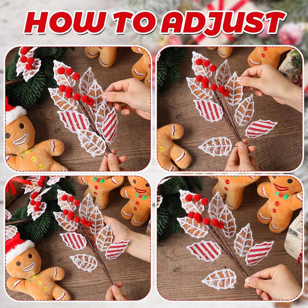 Sosation 6 Pcs 17 Inch Gingerbread Christmas Decorations Gingerbread Tree Topper Picks and Leaf Spray with Red Berries Brown Christmas Tree Picks with Snowflakes for Holiday Wreath Decor Topper Home