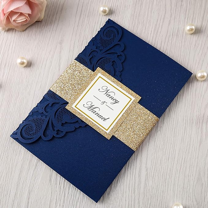 DORIS HOME 50PCS Laser Cut Wedding Invitations with Envelopes and RSVP Cards BLANK Inner With Gold Glitter Belly Band for Wedding Engagement Bridal Shower Party Invite 4.7x7 Inch Navy Blue