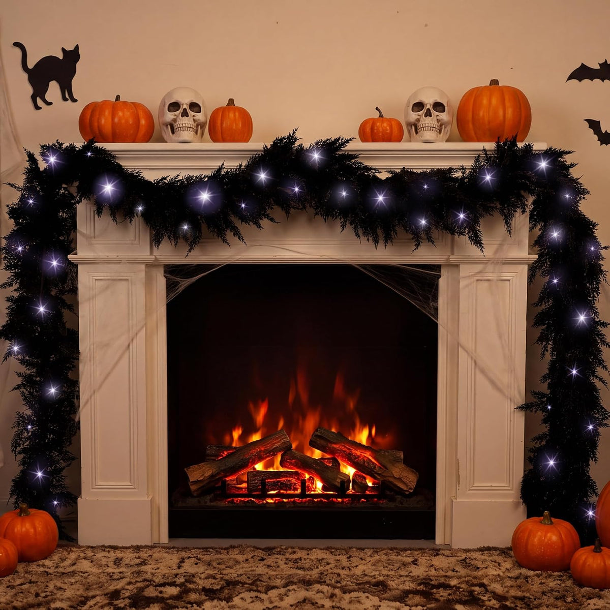 fovths 12 ft pre‑lit black halloween garland, artificial, close-up detail