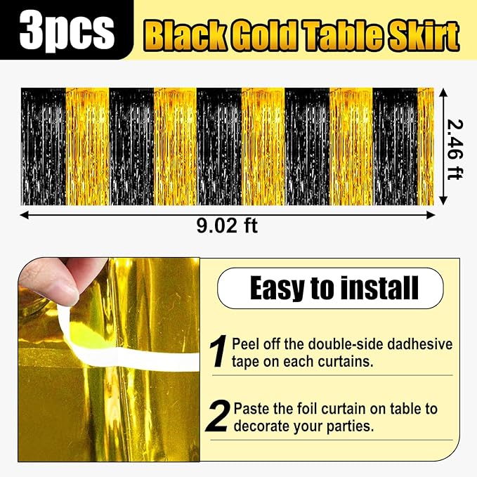 3 Pack 29x108 Inch Black Gold Foil Fringe Table Skirts Metallic Banner for Tinsel Streamer Garland Backdrop for Parade Floats Wedding Thanksgiving Birthday Christmas Halloween Party Decoration