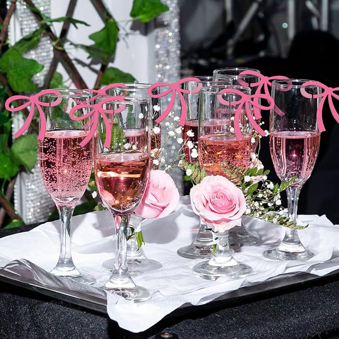50 Pcs Bows Drink Tags Coquette Bow Wine Glass Charms Acrylic Bowknot Drink Tag for Bachelorette Birthday Wedding Coquette Tasting Party Decor Accessory(Rose Pink)