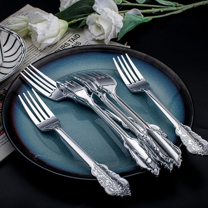 WDF 100 Piece Silver Forks Disposable - 7.48 Inch Silver Plastic Forks - Baroque Silverware for Dessert Cake - Heavy Duty Plastic Fork for Christmas Party, Wedding or Daily Using