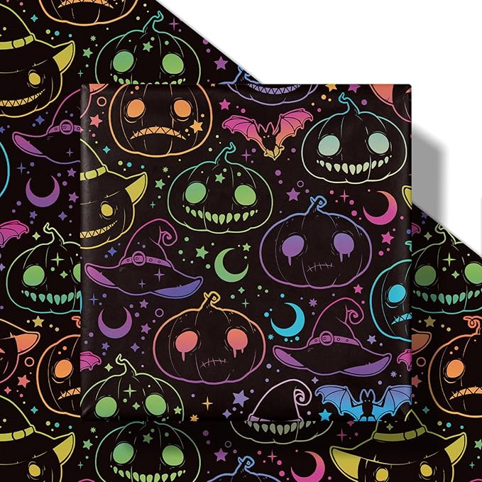LeZakaa Halloween Pumpkin Wrapping Paper Roll, Neon Pumpkin Witch Hat Bat Pattern in Black, Glow-Like Gothic Kawaii Style Gift Wrap for Spooky Party & Candy Bags, Mini Roll 17 in x 16.4 Ft