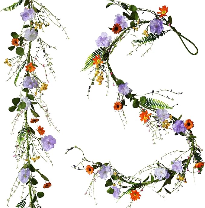 2PCS Artificial Daisy Garland, 6FT Faux Flower Hanging Vine, Purple Flowers Ivy, Spring Garland with Eucalyptus Boston Fern Vine for Sign Board Party Home Decor