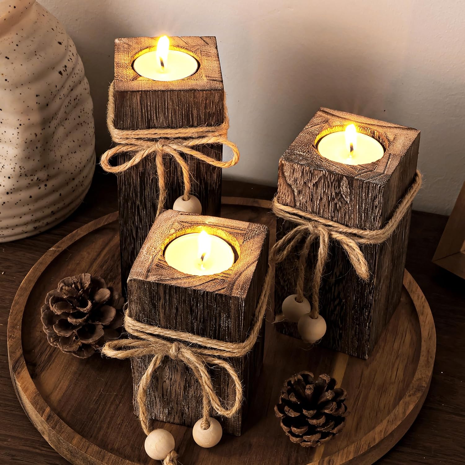 MelonBoat Rustic Wood Candle Holders: Farmhouse Candle Holders with Battery Operated Candles，Rustic Farmhouse Decor, Flameless LED Candles 3-Pack for Living Room Party Holiday Home Decor