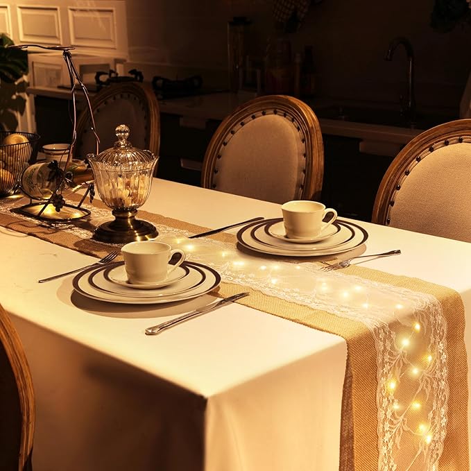 Xinnun 6 Pack Burlap Table Runner with LED String Lights, Modern Rustic Lace Natural Vintage Boho Jute Wedding Table Decor for Farmhouse Thanksgiving Christmas(Farmhouse Rustic Burlap,12x70 Inches)