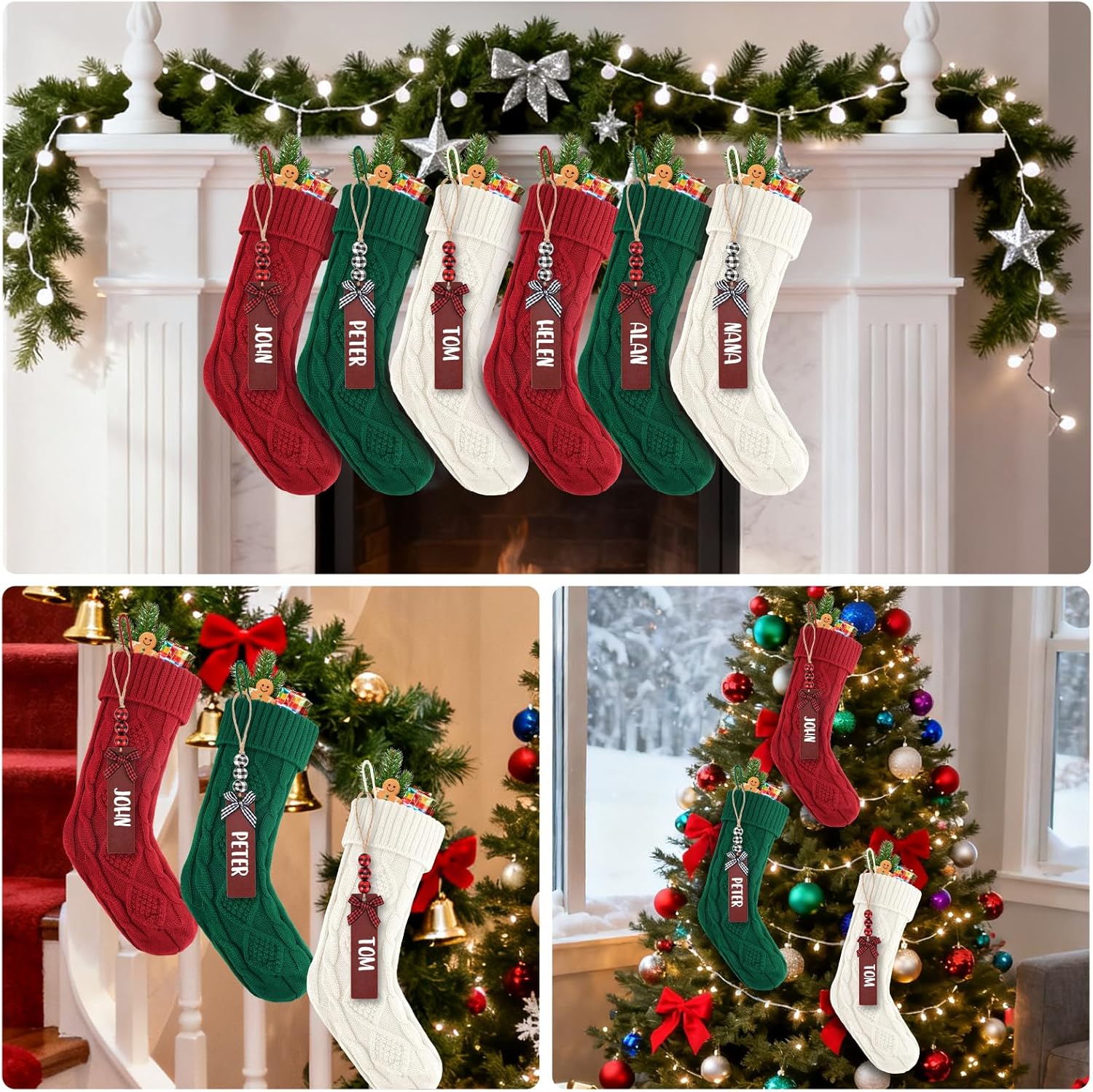 6PACK LumaBria18Inch Cable Knitted Personalized Christmas Stockings, Personalized Hanging Stockings for Holiday Party, Christmas Tree, and Family Home Decor in Red, White, Green