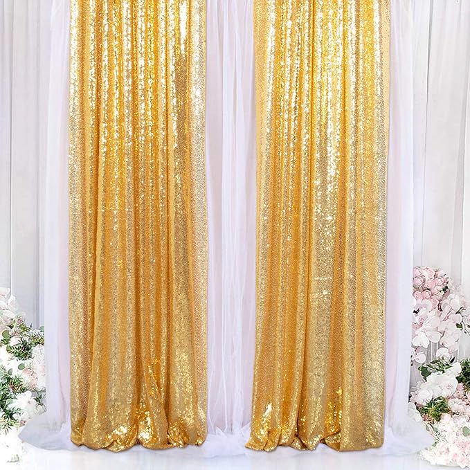 ShinyBeauty 4-Pack Sequin Photo Backdrop Curtains 2x8FT - Glitter Gold & Transparent White Sparkling Wall/Stage Background for Photography Studio, Birthdays, Weddings, Parties