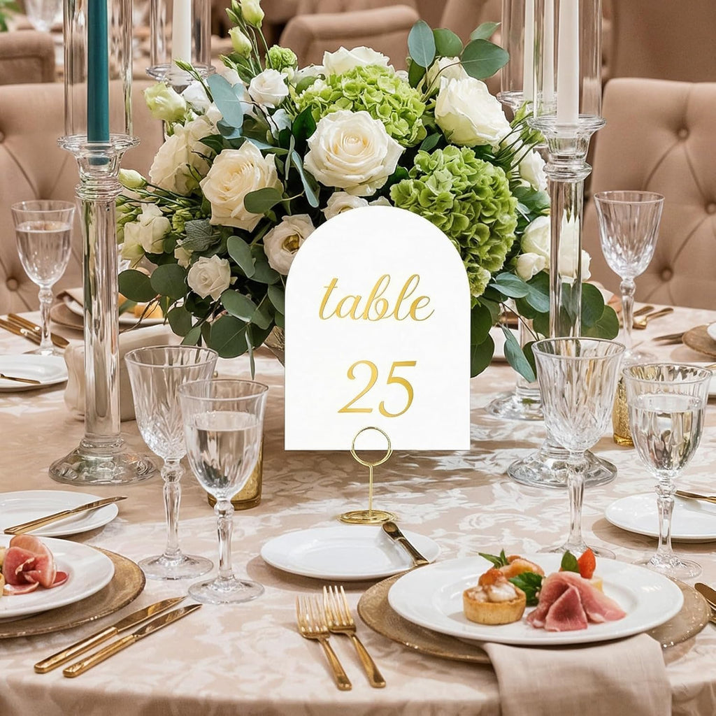 Arch Table Numbers 1-30 Plus Head Table, 5.9x3.9 Inch White Card Stock, Double-Sided Gold Foil Embossed, Elegant Wedding Reception Centerpiece Decoration Event Party