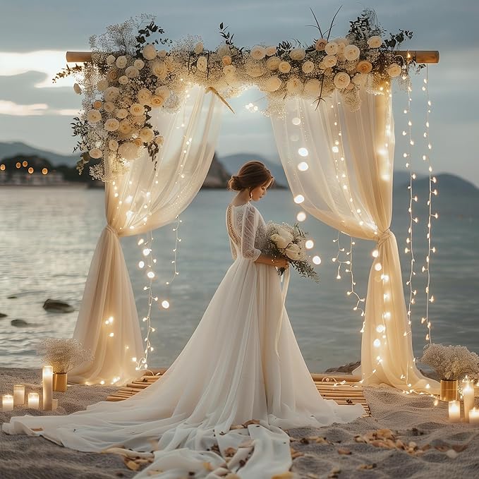 Fomcet Tulle Backdrop Curtains Champagne 30FT X 8FT Tulle Curtains with Lights String Sheer Backdrop Curtain for Parties Wedding Baby Shower Photo Shoot Decorations (6 Panels 5 x 8FT)