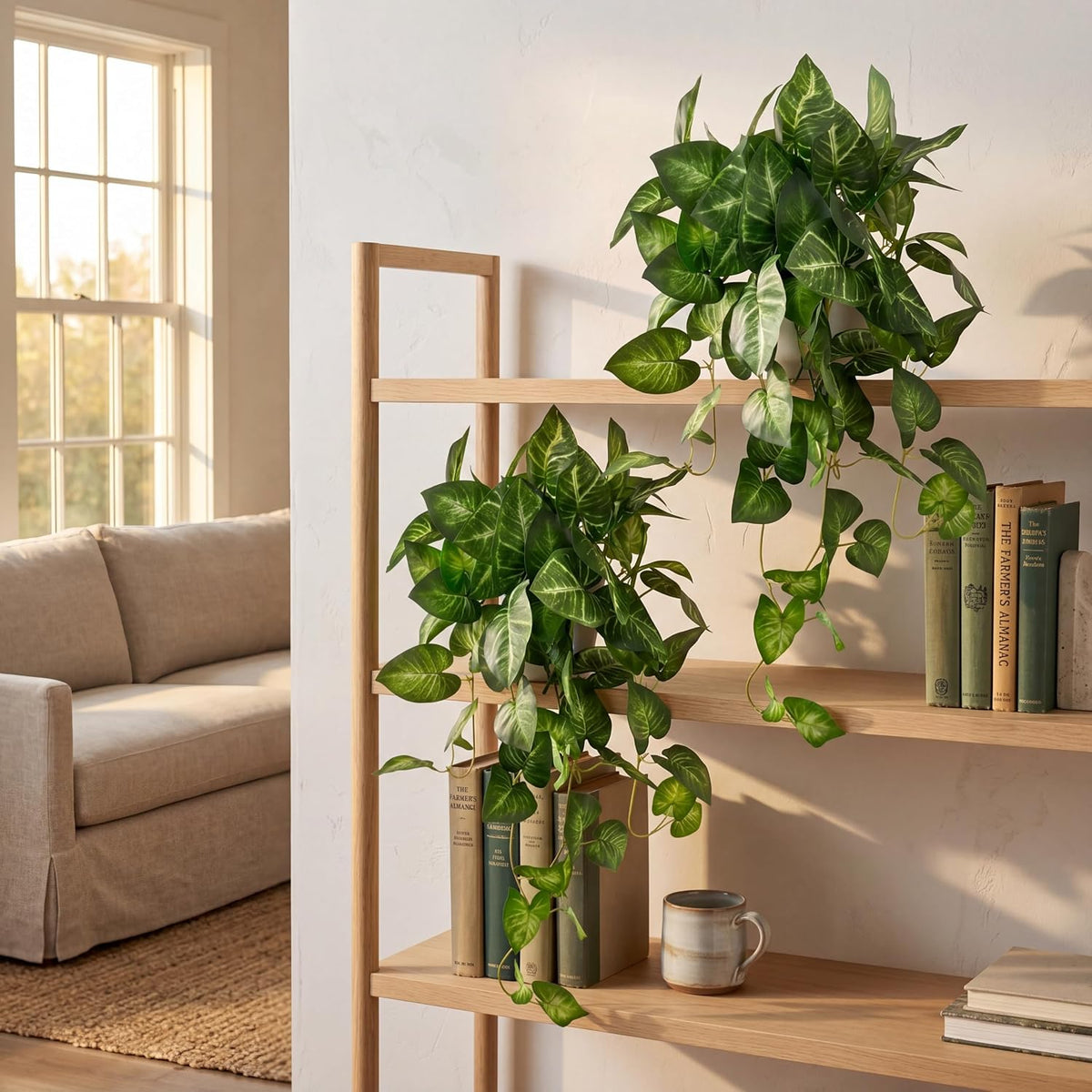 Artificial Pothos Hanging Plant, 25" Set of 2 Faux Ivy Vines with Pots