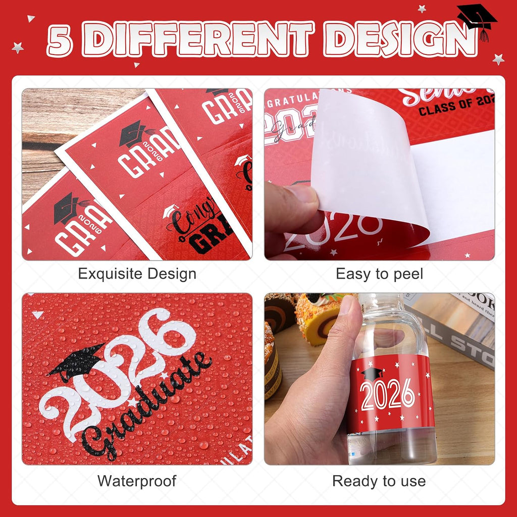 MASHAN 50 Pcs Class of 2026 Graduation Water Bottle Labels Party Decorations, Congrats Grad Water Bottle Wrapper Stickers, Graduation Party Favor Supplies for College Senior High School, Red