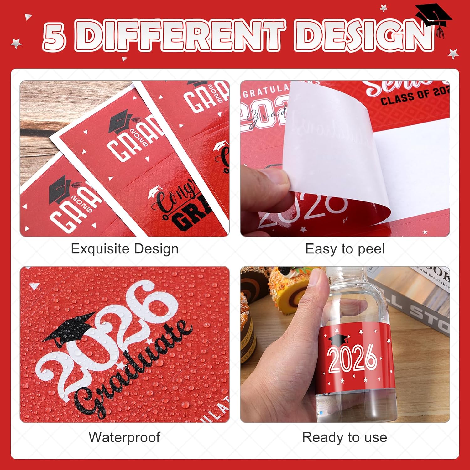 MASHAN 50 Pcs Class of 2026 Graduation Water Bottle Labels Party Decorations, Congrats Grad Water Bottle Wrapper Stickers, Graduation Party Favor Supplies for College Senior High School, Red