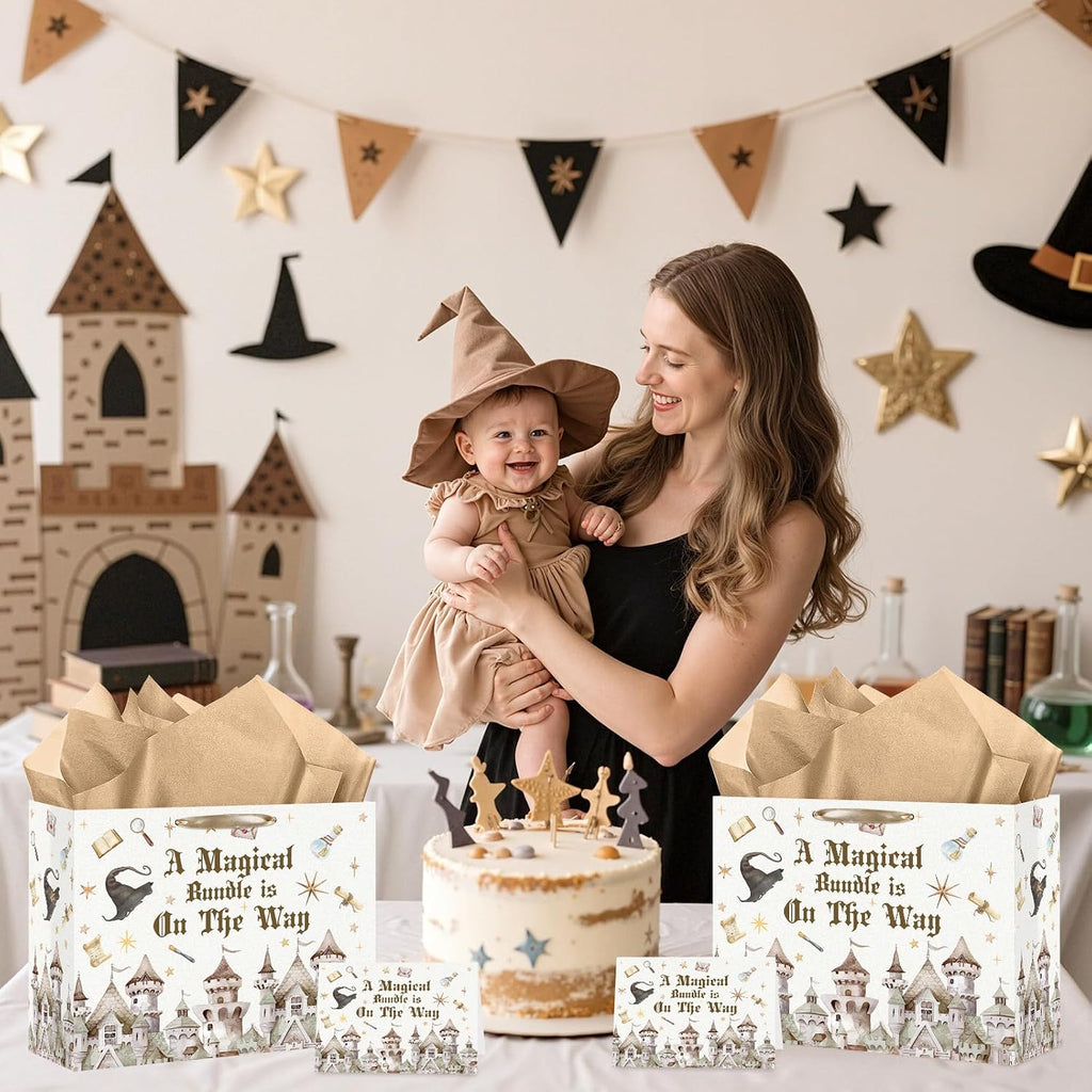 Magical Wizard Baby Shower Birthday Gift Bag for Baby Girls A Magical Bundle is On The Way Bag with Wrapping Paper Card Large Castle Witch Gift Bag for Halloween Baby Shower Birthday Party Supplies