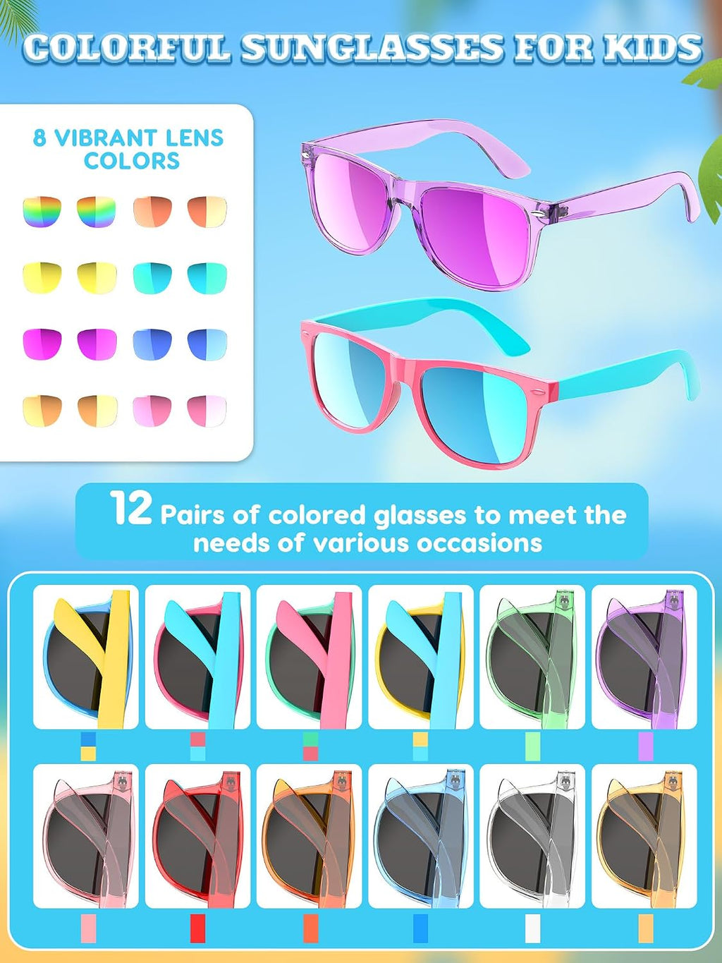 Sumsun Kids Sunglasses Bulk Party Favors 12 Packs Boys Girls Age 3-8 with UV400 Protection for Birthday Graduation Party Supplies (Blocking color 12 Pack)