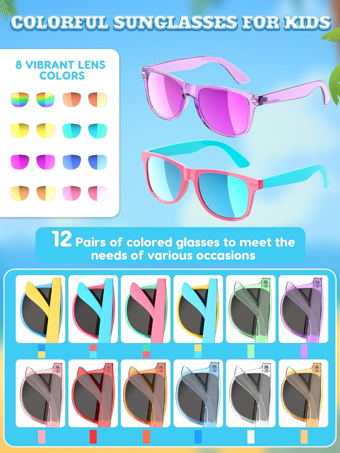 Sumsun Kids Sunglasses Bulk Party Favors 12 Packs Boys Girls Age 3-8 with UV400 Protection for Birthday Graduation Party Supplies (Blocking color 12 Pack)
