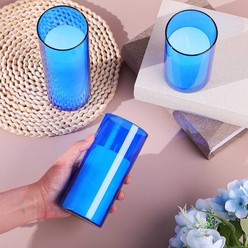 Shihanee 6 Sets/ 12 Pcs Blue Glass Cylinder Holders for White Pillar Candles Clear Cylinder Vases for Slim Pillar Candles Christmas Table Centerpieces, 2.8'' x 4.7", 5.9", 7.9"